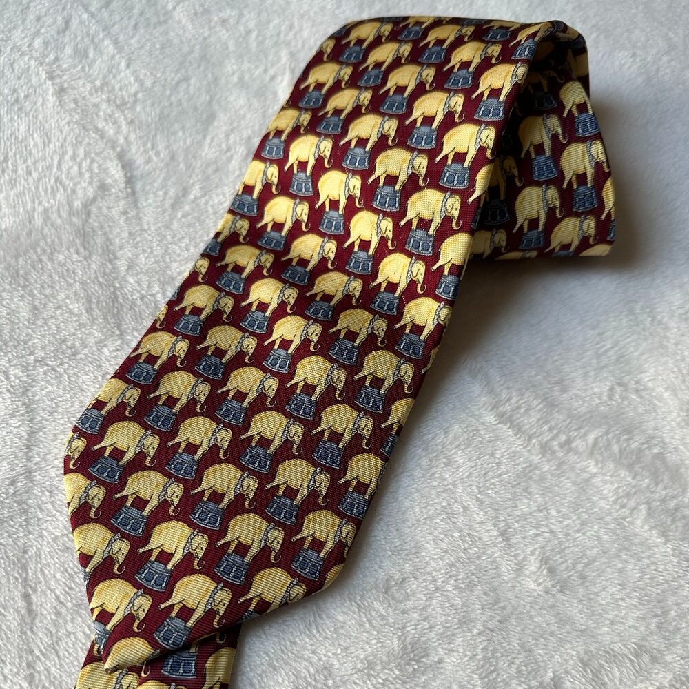 Vintage Jos A Bank Silk Neck Tie Burgundy w Yellow Gold Elephant Novelty Print